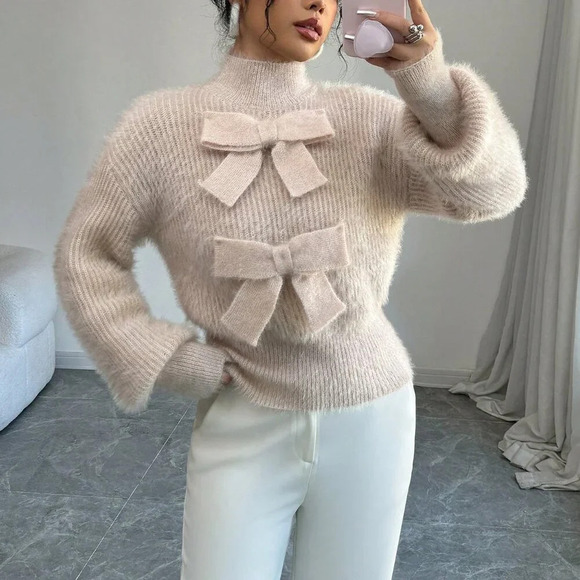 Apricot Casual Women's Stand Collar Bow Decor Sweater - Picture 6 of 7